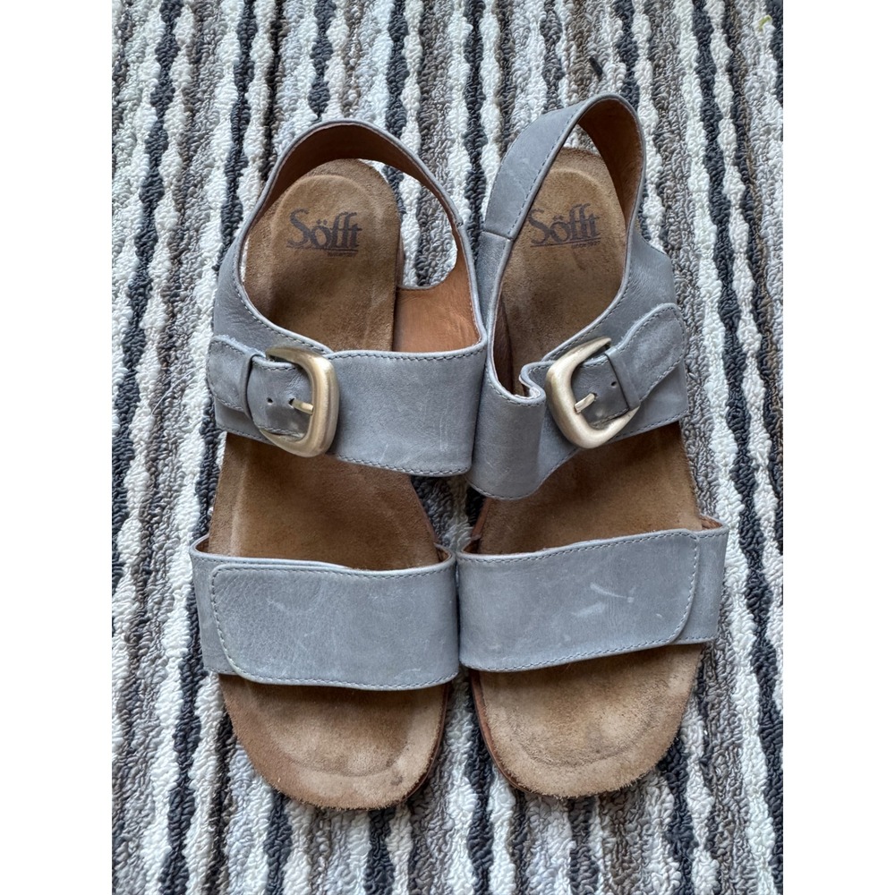 Sofft Grey Leather Slingback Wedge Sandals Womens 9M SF0112197 Buckle Strappy
